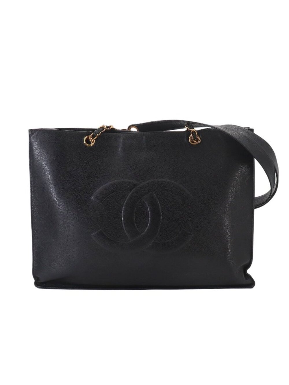 Chanel Jumbo CC Logo Tote Caviar Leather Black Gold Vintage